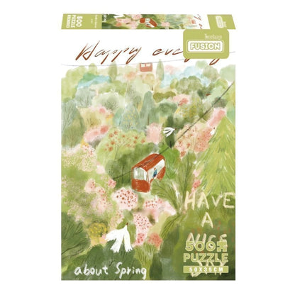 Botop 500 piece puzzle box titled In the Forest, featuring a red cable car in a pastel spring forest illustration.