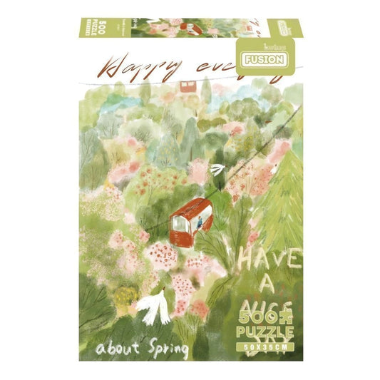 Botop 500 piece puzzle box titled In the Forest, featuring a red cable car in a pastel spring forest illustration.