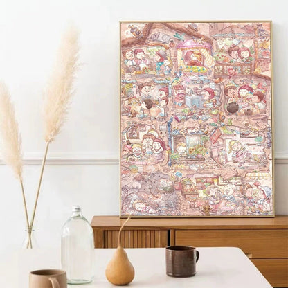 Framed Last Dream puzzle artwork displayed on a wooden cabinet in a modern room setting with decor.