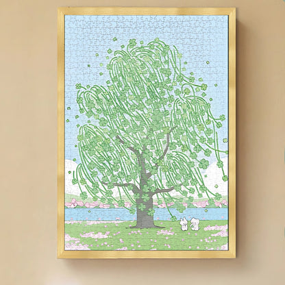 Lucky Tree puzzle box with partially completed puzzle showing clover-filled artwork