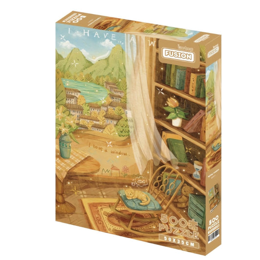 Botop Spring Window 500 piece puzzle box showing a cosy indoor scene with cat napping and natural view through the window.