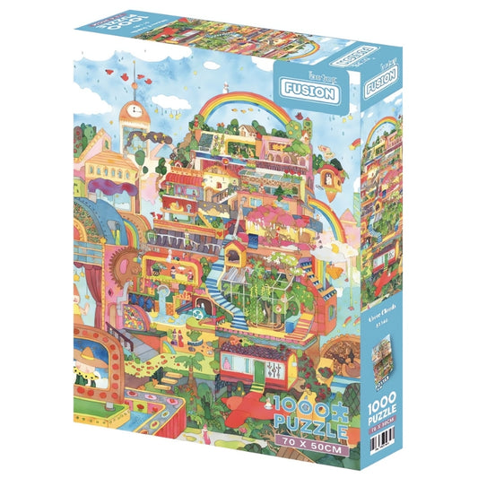 Above Clouds 1000 piece puzzle box showing a rainbow-filled fantasy town with vibrant layers and greenery.
