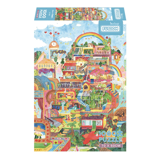 Above Clouds 1000 piece puzzle box showing a rainbow-filled fantasy town with vibrant layers and greenery.