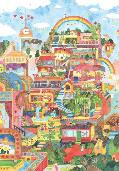 Completed Above Clouds puzzle artwork featuring a colourful hillside village under rainbows and clouds.