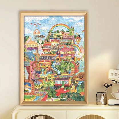 Framed Above Clouds puzzle in a cosy room beside a coffee machine and neutral-toned furniture.
