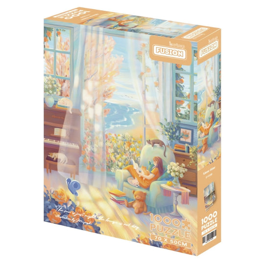Botop Alone Time 1000 piece puzzle box with cosy indoor reading scene by the ocean.