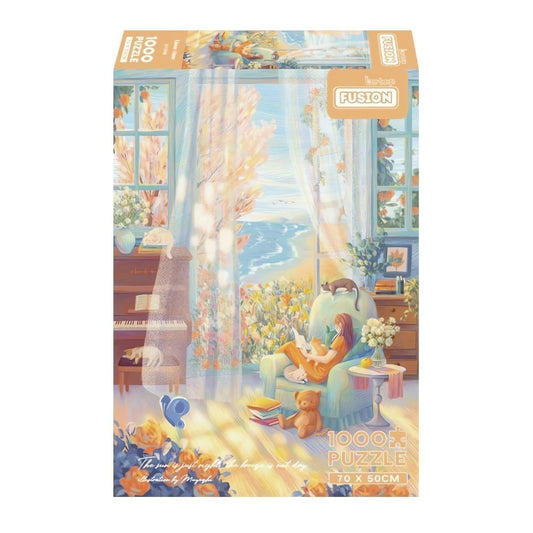 Botop Alone Time 1000 piece puzzle box with cosy indoor reading scene by the ocean.
