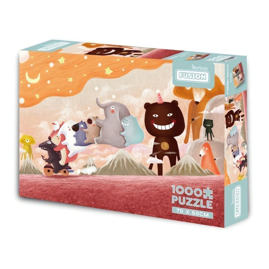 1000 piece puzzle box showing whimsical animals with big smiles in a surreal desert landscape under a starry orange sky.