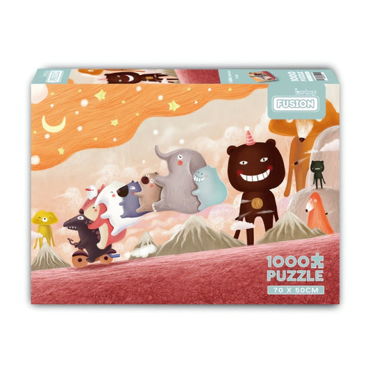 1000 piece puzzle box showing whimsical animals with big smiles in a surreal desert landscape under a starry orange sky.