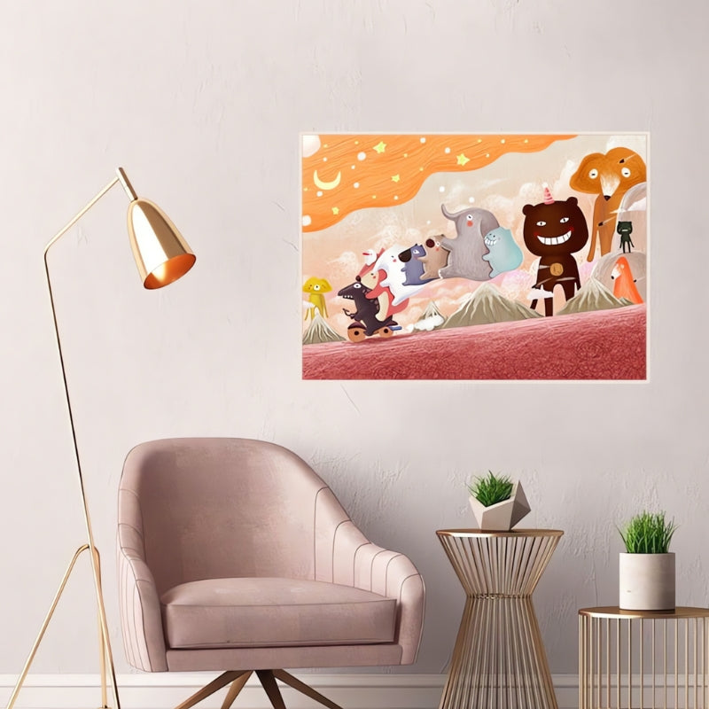 Framed Animal Illustrations – Childlike Fun puzzle artwork displayed in a modern room with a pink armchair and gold lamp.