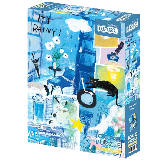 Blue Mood Botop 1000 piece puzzle box with abstract rainy day collage in blue tones