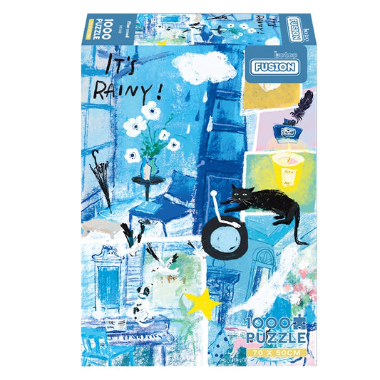Blue Mood Botop 1000 piece puzzle box with abstract rainy day collage in blue tones