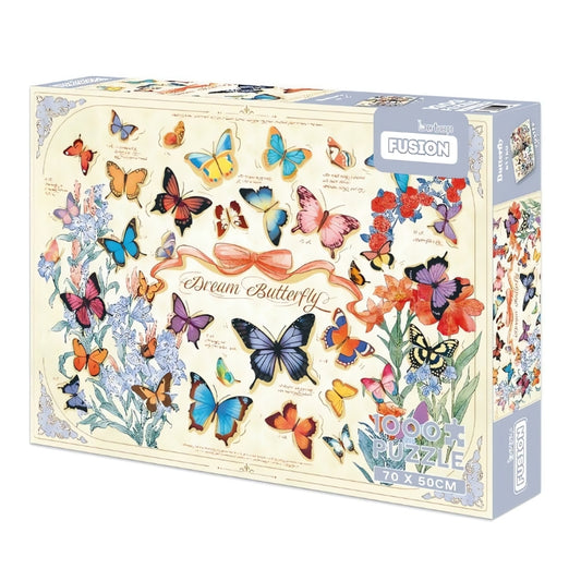 Butterfly 1000 piece puzzle box featuring colourful butterflies and floral elements on a soft cream background.
