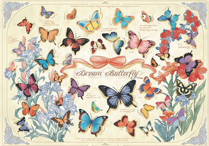 Completed Butterfly puzzle with detailed butterflies, ribbon banner, and botanical drawings.