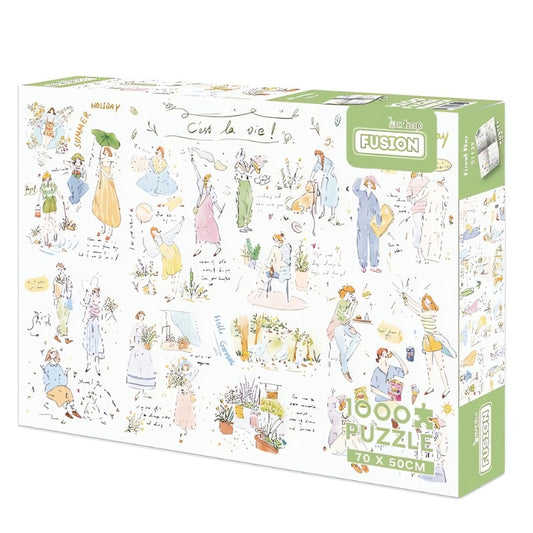 C'est La Vie 1000 piece puzzle box with whimsical illustrations of daily life scenes and handwritten notes.