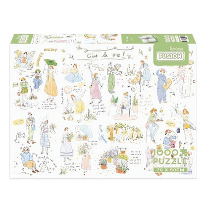 C'est La Vie 1000 piece puzzle box with whimsical illustrations of daily life scenes and handwritten notes.