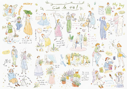 Completed C'est La Vie puzzle featuring playful sketches of people, plants, pets, and lighthearted quotes.