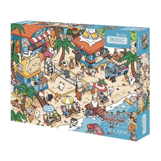 Cat Beach 1000 piece puzzle box with a colourful beach scene filled with playful cartoon cats and palm trees.