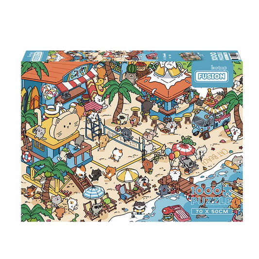Cat Beach 1000 piece puzzle box with a colourful beach scene filled with playful cartoon cats and palm trees.