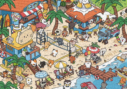 Finished Cat Beach puzzle showing cats relaxing, eating, and playing by the beach and food stalls.