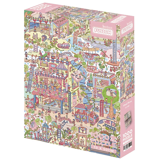 Botop Cloud Town 1000 piece puzzle box with detailed pastel cityscape full of whimsical scenes.
