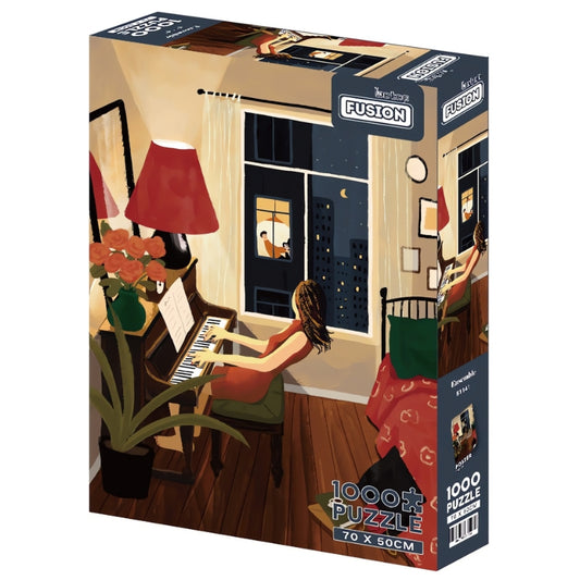 Ensemble 1000 piece puzzle box featuring a warm indoor scene with a girl playing piano at night.
