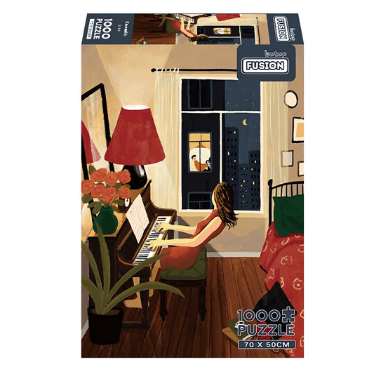Ensemble 1000 piece puzzle box featuring a warm indoor scene with a girl playing piano at night.