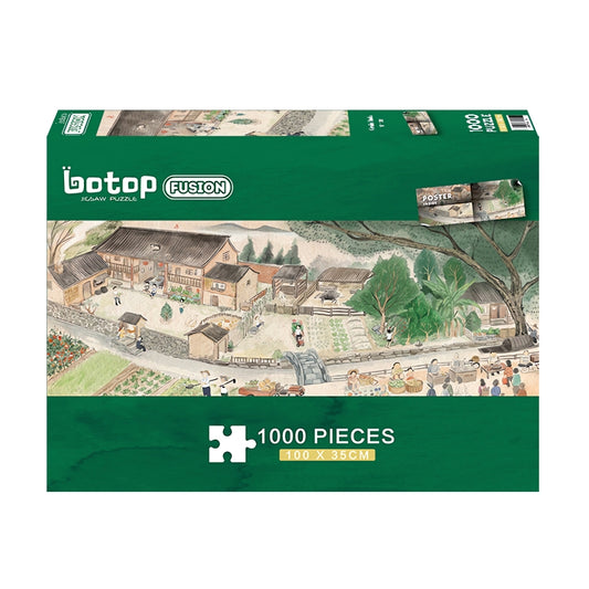 Garden Field 1000 piece puzzle box with rural village illustration and lush green surroundings.