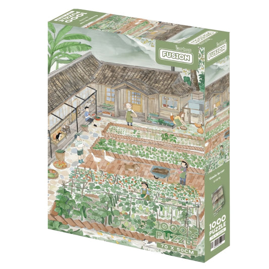 Grain in Ear 1000 piece puzzle box showing a hand-drawn vegetable garden and farmhouse scene.