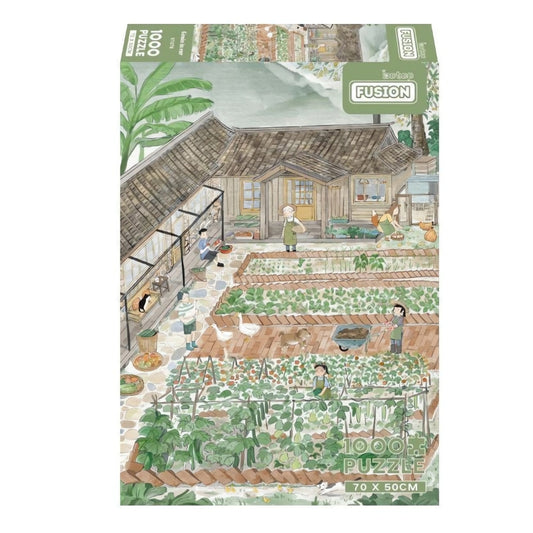Grain in Ear 1000 piece puzzle box showing a hand-drawn vegetable garden and farmhouse scene.