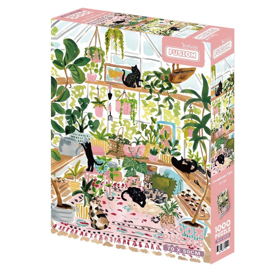 Greenhouse Cats 1000 piece puzzle box featuring playful cats in a sunlit room full of leafy plants.