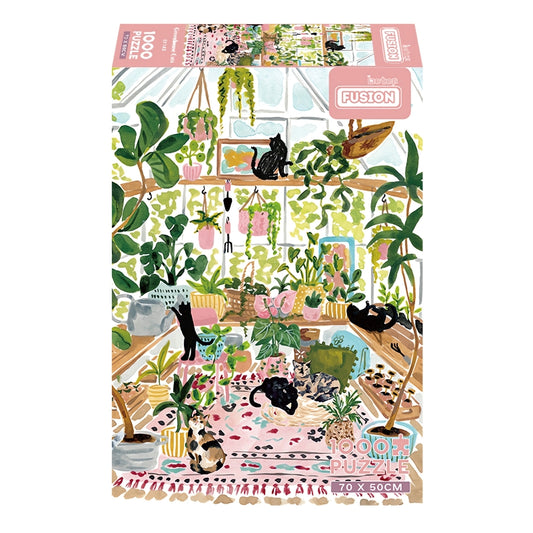 Greenhouse Cats 1000 piece puzzle box featuring playful cats in a sunlit room full of leafy plants.