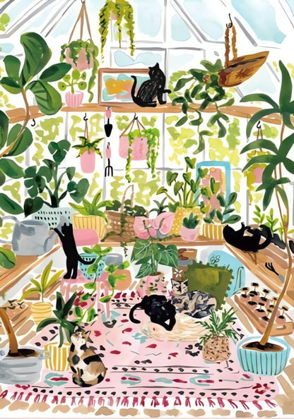 Completed Greenhouse Cats puzzle showing cats lounging among potted plants in a cosy indoor garden.