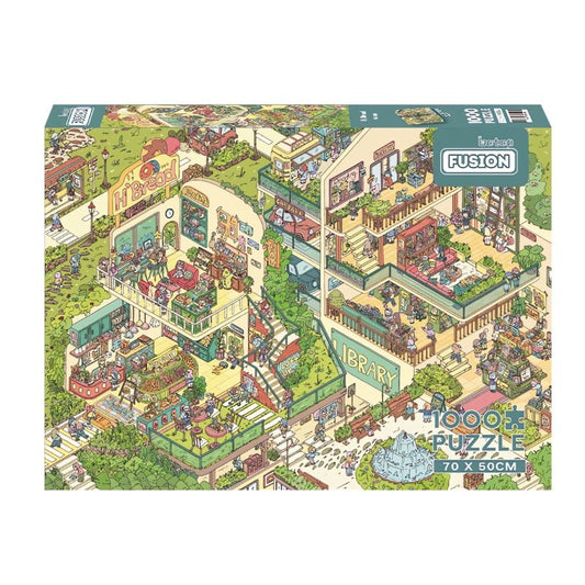 H'Bread 1000 piece puzzle box with vibrant cartoon-style illustration of bakery, library and market scenes.