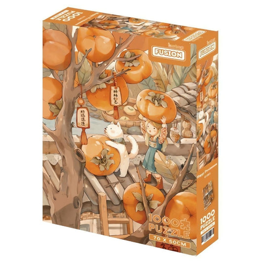 Botop 1000 piece puzzle box featuring a girl and a white cat picking large orange persimmons from a tree.