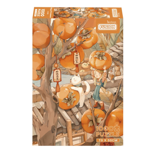 Illustration of a girl and a white cat on a rooftop picking giant persimmons from a tree surrounded by warm autumn tones.