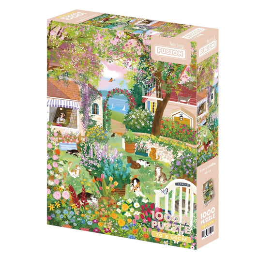 Listen to the wind 1000 piece puzzle box with a vibrant garden scene full of flowers, cats, and cottages.