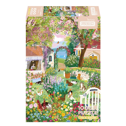 Listen to the wind 1000 piece puzzle box with a vibrant garden scene full of flowers, cats, and cottages.