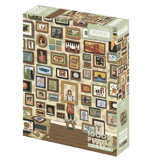 Botop 1000 piece puzzle box featuring a wall filled with framed art and a person posing in a golden frame.