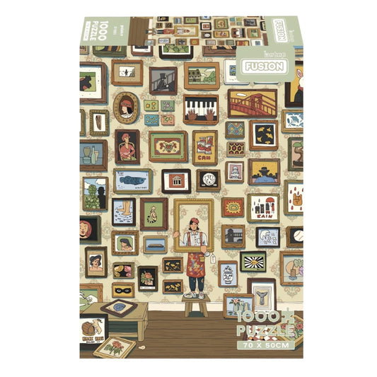 Botop 1000 piece puzzle box featuring a wall filled with framed art and a person posing in a golden frame.