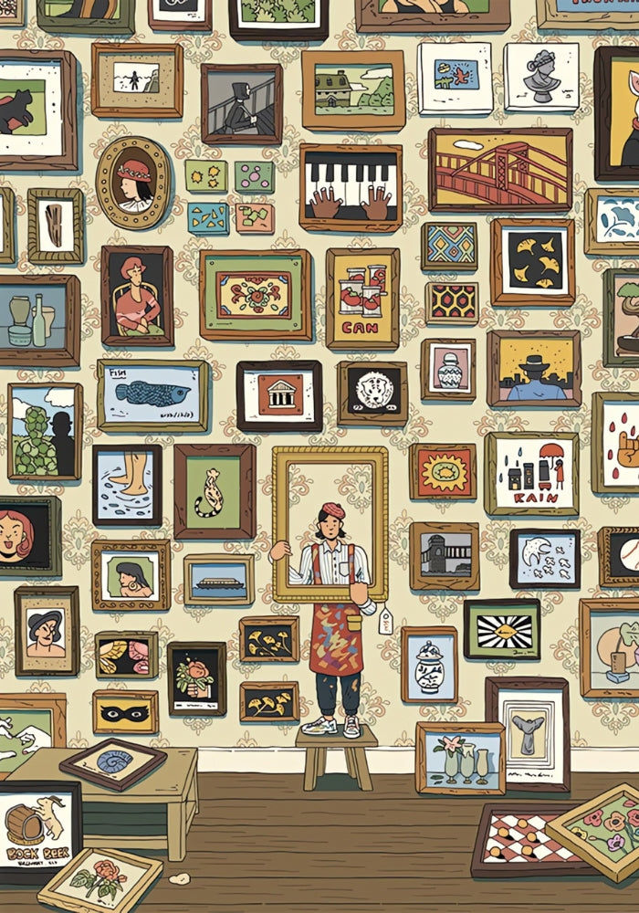 Whimsical illustration of an art gallery wall with various framed pictures and a painter posing as part of the display.