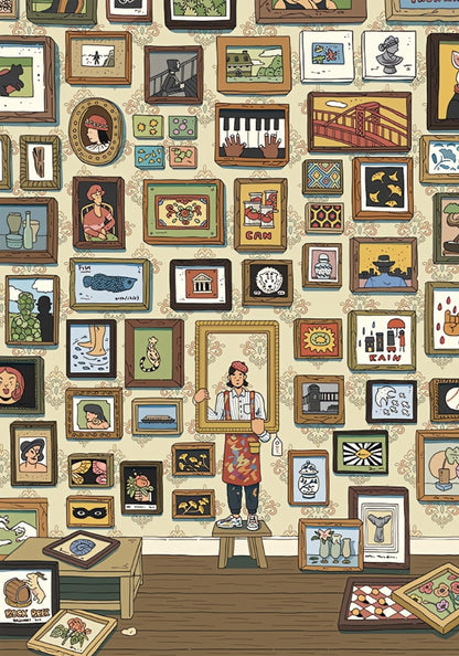 Whimsical illustration of an art gallery wall with various framed pictures and a painter posing as part of the display.