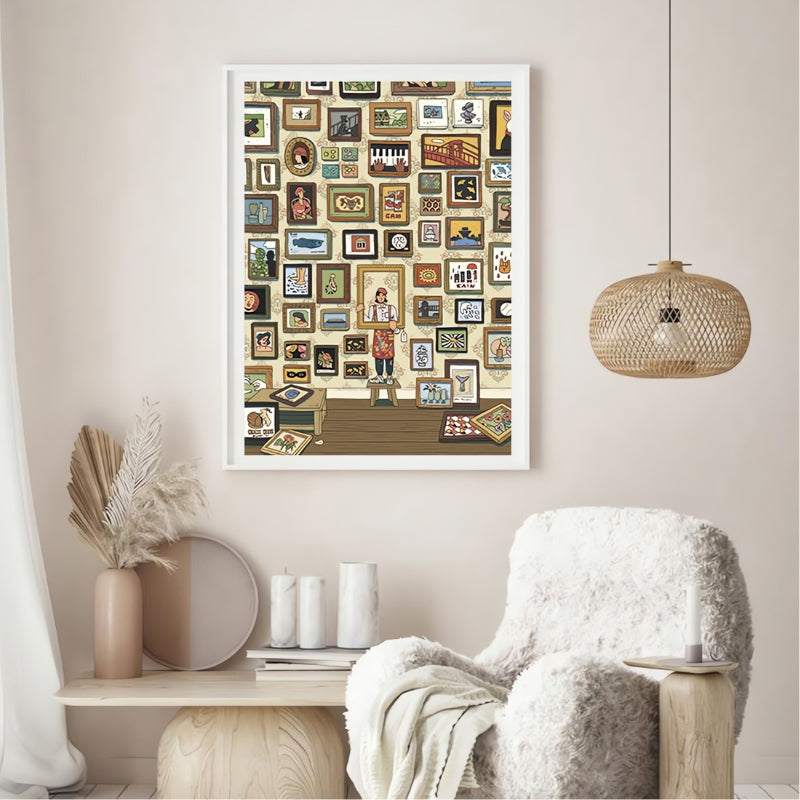 Framed art print of Botop puzzle showing a painter surrounded by an eclectic wall of artwork in a cosy room.