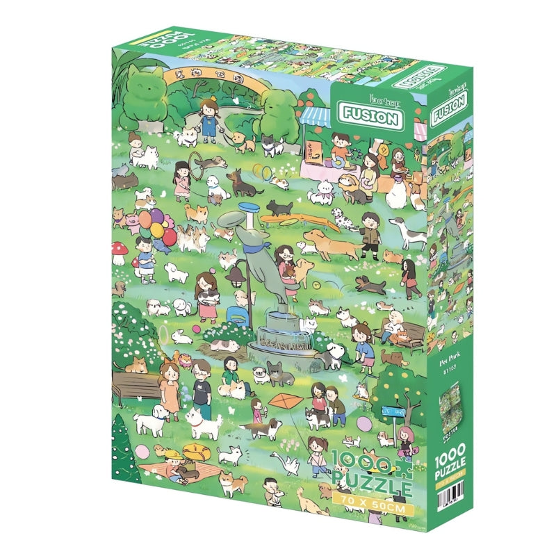 Botop puzzle box with cartoon-style park full of people and dogs, labelled Pets Park