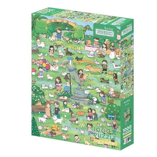 Botop puzzle box with cartoon-style park full of people and dogs, labelled Pets Park