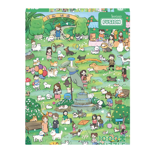 Botop puzzle box with cartoon-style park full of people and dogs, labelled Pets Park
