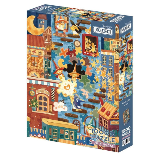 Colourful puzzle box featuring magical witches, floating puzzle pieces, and whimsical buildings.