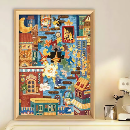 Completed Puzzle City artwork displayed in a wooden frame above a white sofa.