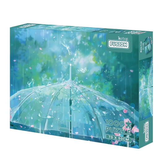 Rain Cats 1000 piece puzzle box with dreamy artwork of raindrops and petals on a clear umbrella.