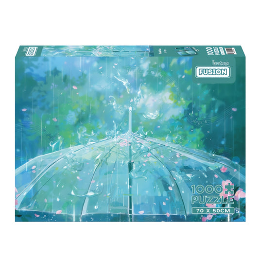 Rain Cats 1000 piece puzzle box with dreamy artwork of raindrops and petals on a clear umbrella.